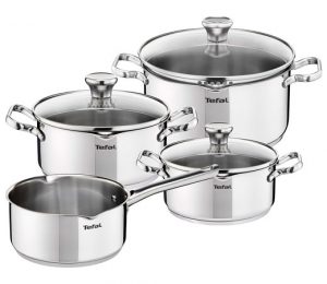 Batería de cocina de acero inoxidable Tefal Duetto de 4 piezas y 3 tapas de cristal por 94,99€ antes 152,49€.