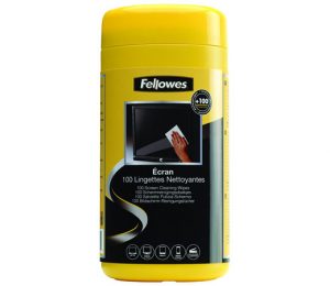Bote de 100 toallitas Fellowes con dispensador para la limpieza de todo tipo de pantallas