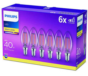 Pack de seis bombillas LED Philips vela blanco de filamentos cálido 4W equivale 30W por sólo 13,18€.