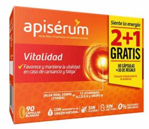 Apisérum Defensas, refuerza el sistema inmunológico, con Jalea Real y vitaminas en pack de 90 cápsulas por 17,99€.