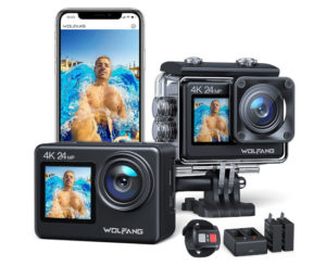 Videocámara deportiva Wolfang GA200, doble pantalla, 4K, Wifi, EIS, control remoto, 2 baterías 1050mAh, sumergible 40m, accesorios por 58,59€ antes 94,99€.