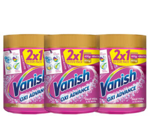 Potenciador de lavado Vanish Oxi Advance con quitamanchas (3 botes de 900g) por 17,32€.