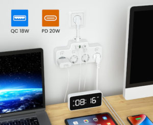 Regleta para pared con 4 tomas de red, 2 USB tipo A QC 18W  y 1 tipo C PD 20W por 18,04€.