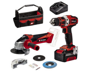 Taladro y amoladora angular Einhell Power X-Change, caja de puntas y bolsa.
