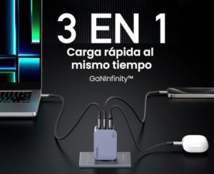 Cargador GaN Infinity Ugreen Nexode Pro 65W, 2 USB C/1 A por 34,99€.