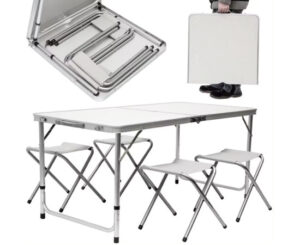 Mesa para acampada Gretool 120x60x70cm con 4 taburetes por 30,58€ antes 79,89€.