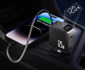 Cargador para coche 125W con cable USB C retráctil y adaptador lightning por 18,69€.