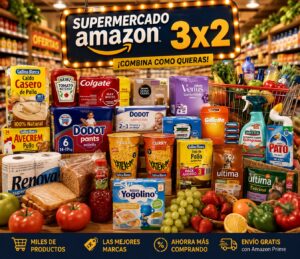 3×2 En supermercado Amazon: galletas, cremas, limpieza. etc.. Se puede combinar
