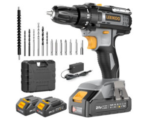 Taladro atornillador Leeikoo con 2 baterías y 14 accesorios.