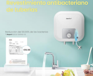 Mini calentador de agua 10L Comfee VG1: compacto, resistente a la corrosión y con protección antibacteriana.