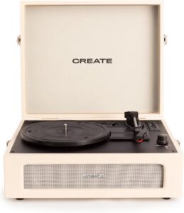 Solo hoy. Tocadiscos Create Record Player Retro, Diseño Vintage, Bluetooth, USB, SD, MicroSD, Mp3, Sonido estéreo, 3 velocidades por 40,72€ antes 60,95€.