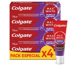 4 Envases de pasta de dientes Colgate Max White Purple Reveal Blanqueadora (4x75ml) con tecnología de corrección de color.