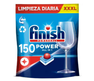 150 pastillas para lavavajillas Finish Powerball Todo en uno (150und) por 19,45€.