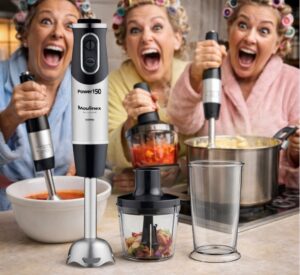 Batidora de mano Moulinex QuickChef DD6578 con 10 velocidades y 1000W de potencia, picadora y vaso medidor por 37,99€.