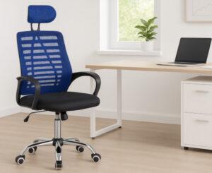 Silla ergonómica de oficina azul con reposacabezas y respaldo de malla transpirable para largas jornadas por 34,53€ antes 69,99€.