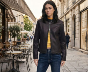 Chaqueta Desigual CHAQ Basic negra, estilo sostenible con efecto piel y cuello mao.