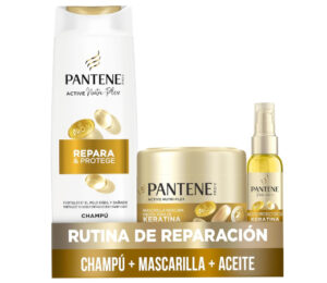Pantene Pro-V Repara y Protege: Champú 325ml, Mascarilla 300ml, Aceite Keratina 100ml para cabello seco y dañado por 9,99€ antes 17,20€.