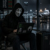 Imagen conceptual de un viajero con máscara de hacker usando un portátil en un aeropuerto por la noche, ilustrando trucos avanzados para conseguir vuelos y trenes baratos.