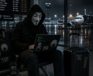 Imagen conceptual de un viajero con máscara de hacker usando un portátil en un aeropuerto por la noche, ilustrando trucos avanzados para conseguir vuelos y trenes baratos.