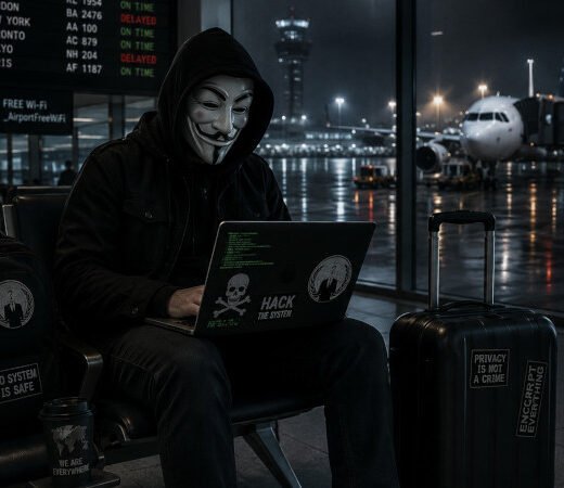Imagen conceptual de un viajero con máscara de hacker usando un portátil en un aeropuerto por la noche, ilustrando trucos avanzados para conseguir vuelos y trenes baratos.