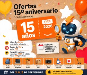 Del 1 al 3 de Septiembre Amazon celebra su 15 Aniversario con 3 días de ofertas.