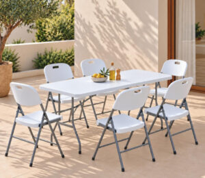 Mesa Plegable Portátil Rectangular 180 cm, Resina y Patas Acero, Carga de 150kg.