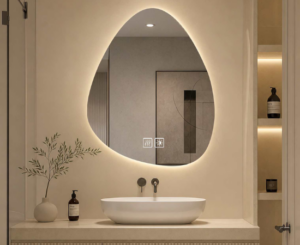 Espejo LED de baño 40x60cm en forma de gota: diseño, luz y función antivaho por 43,99€.