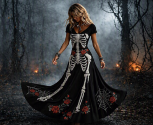 Vestido Gótico de Halloween con esqueleto, rosas y telarañas.