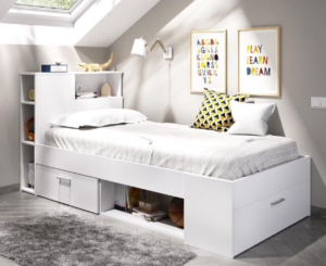 Cama compacta Lanka blanca: cama juvenil con cabecero estantería, cajón y almacenaje por 367€.