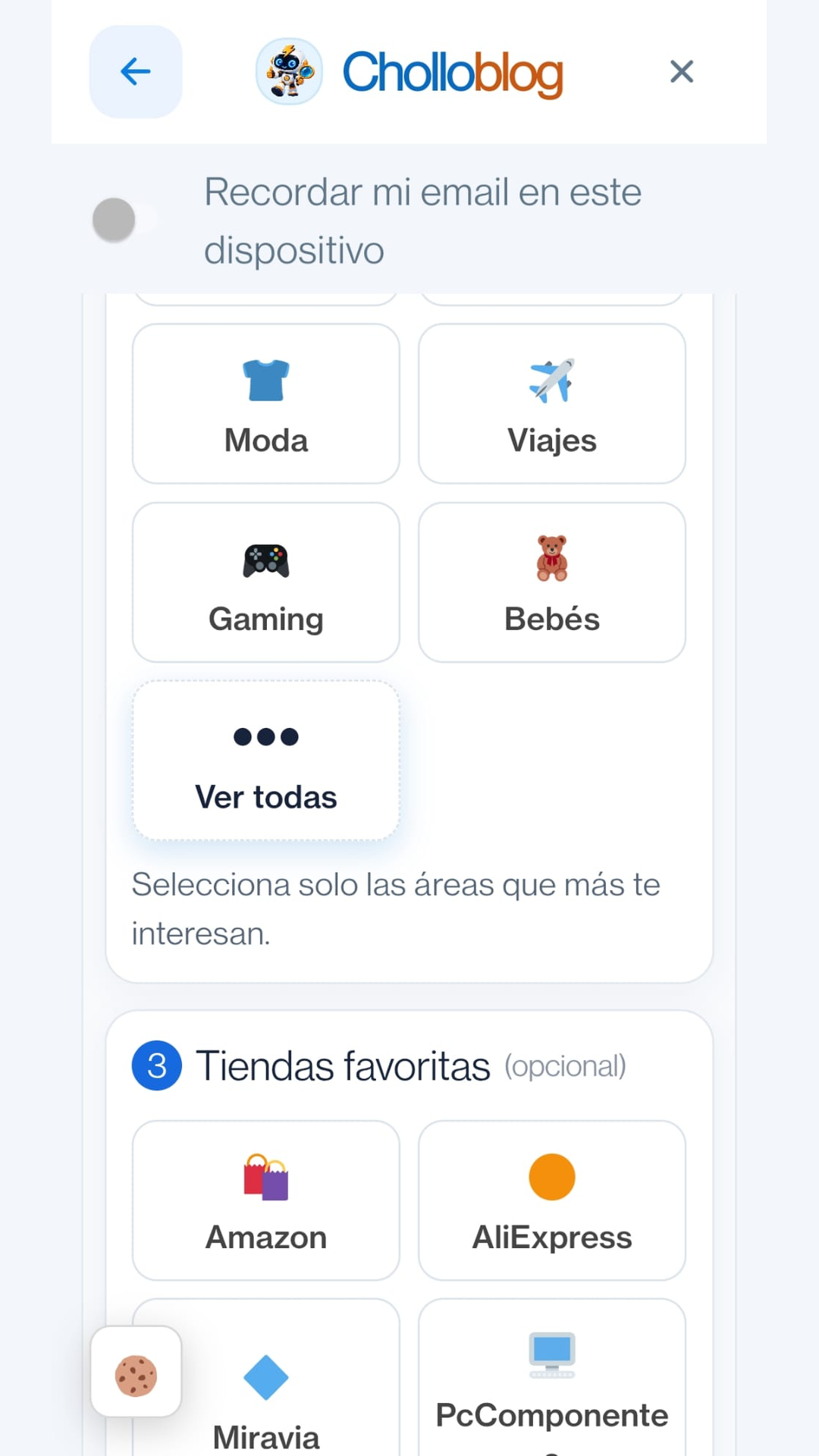Formulario de Smart Alerts por email con categorías y tiendas seleccionables.
