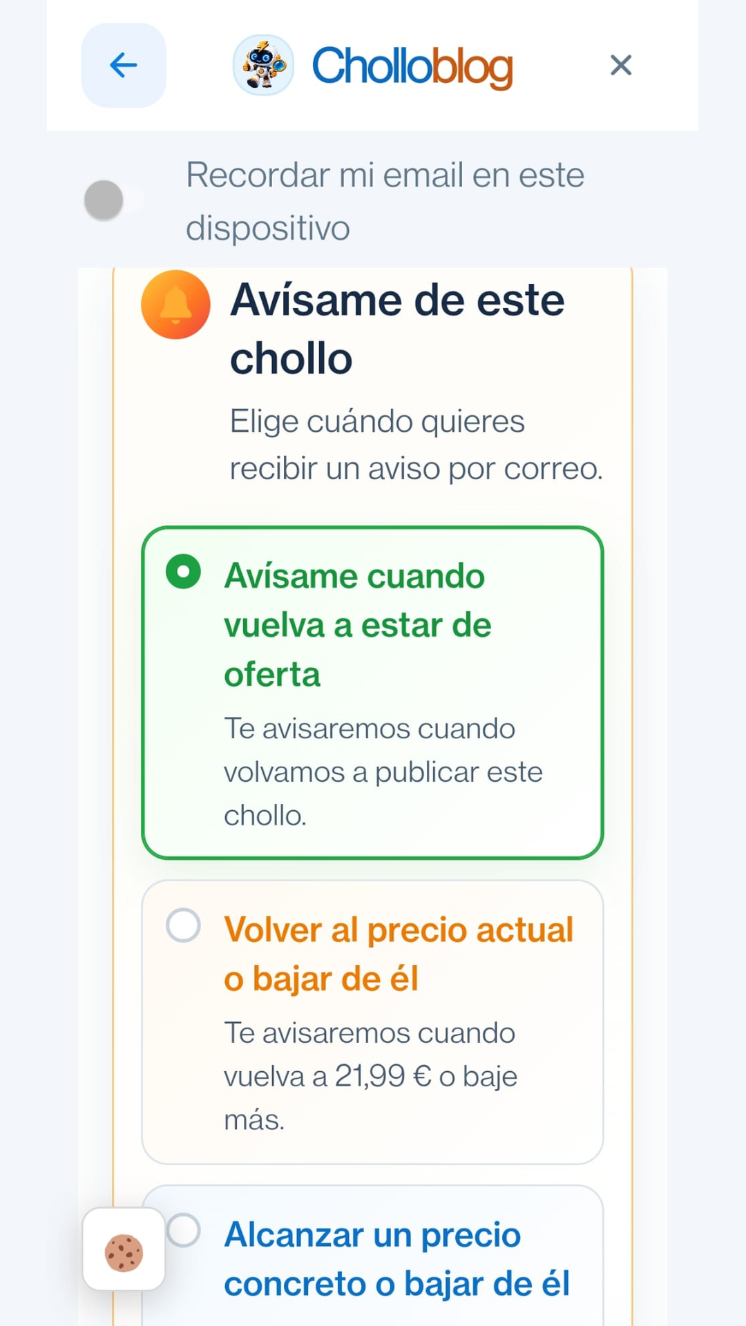 Opciones de avisos por email de un producto: republicación, precio de referencia y precio objetivo.