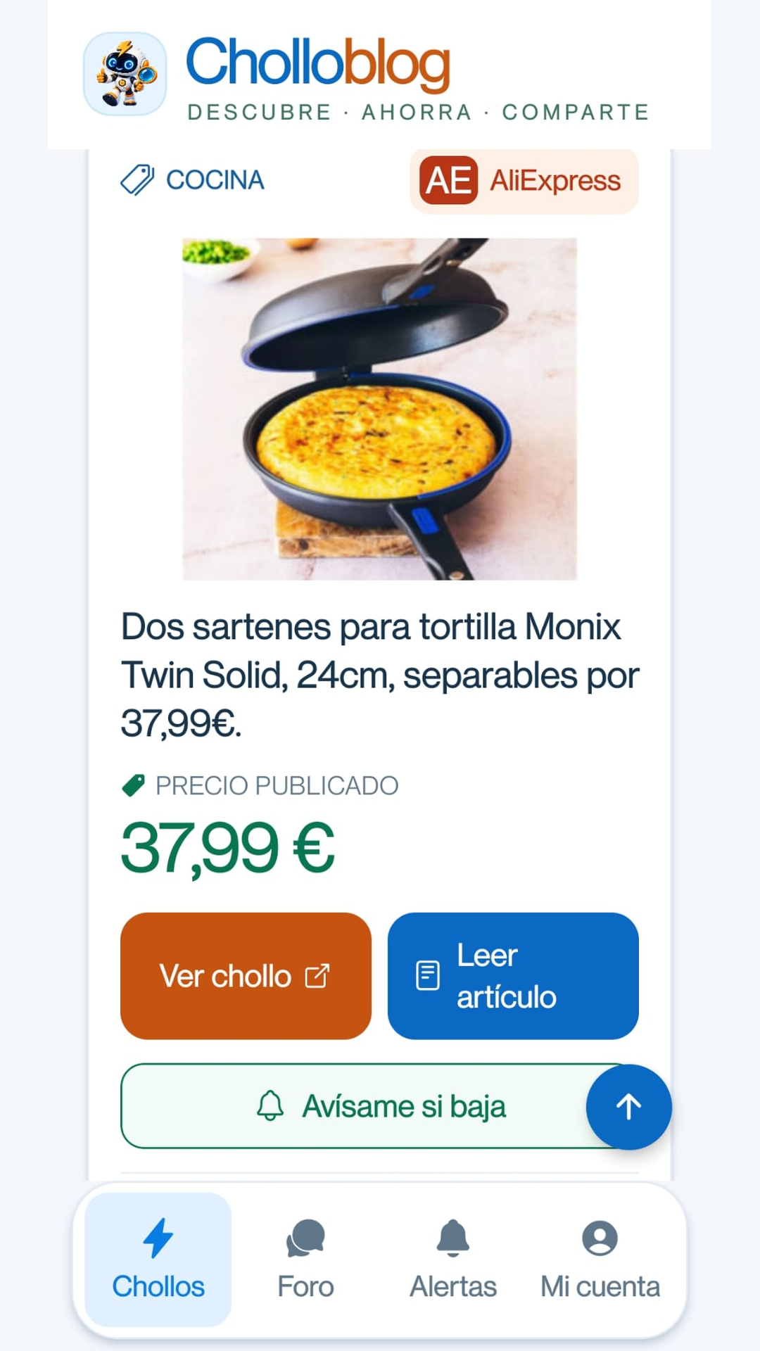Ficha de un chollo con imagen, precio publicado, tienda y accesos a la oferta y al artículo.