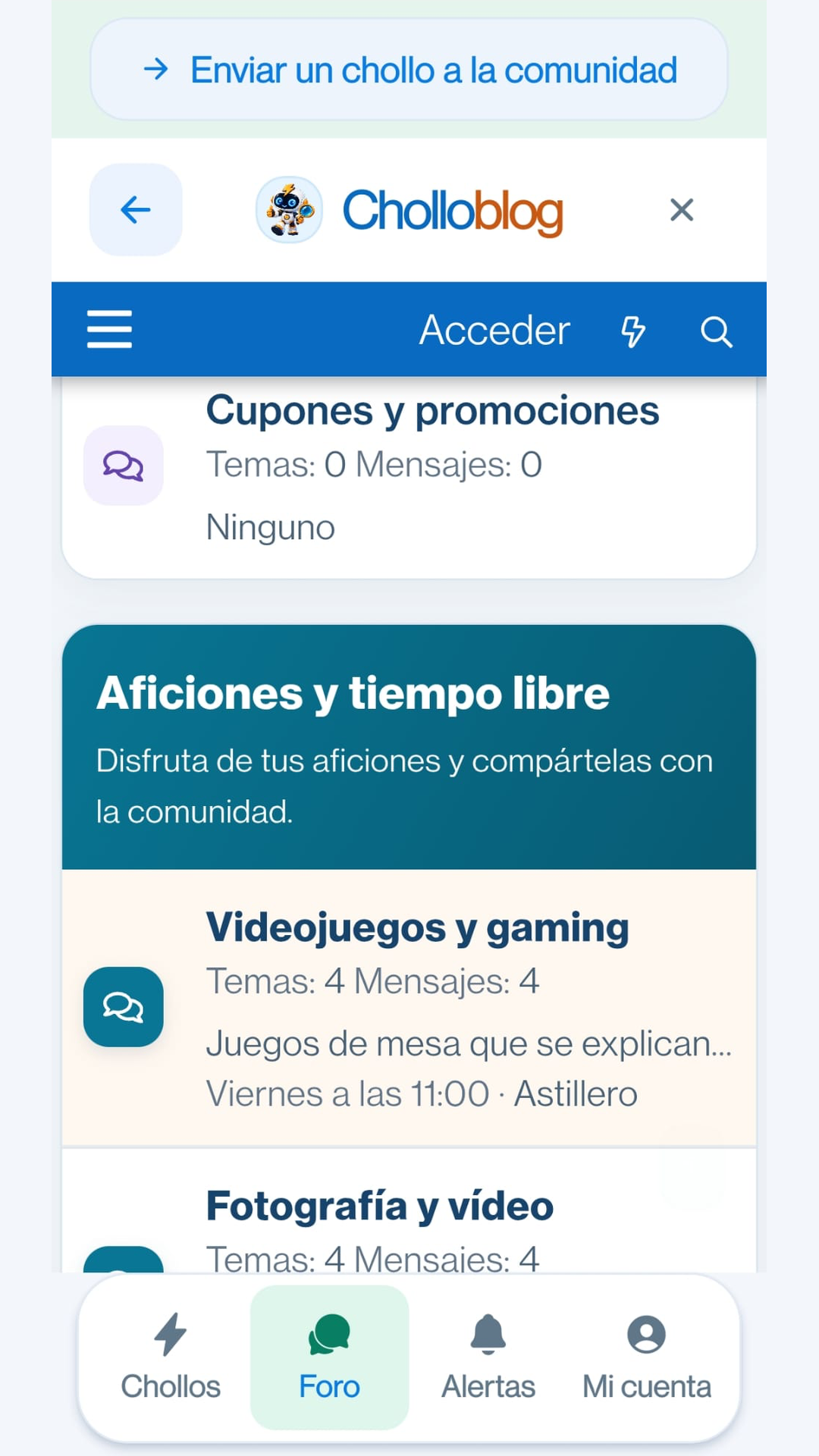 Foro de Cholloblog integrado en la app con secciones de aficiones y comunidad.