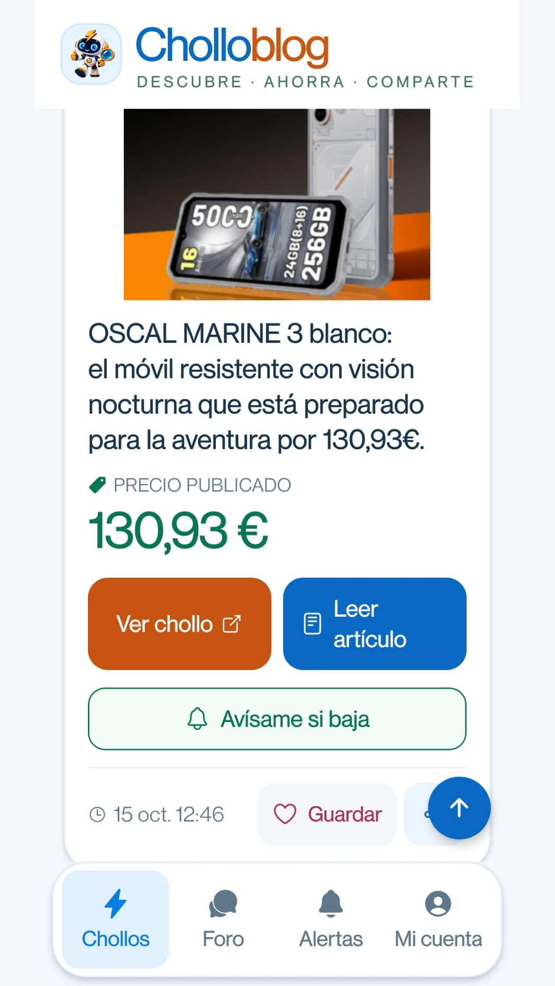 Artículo de un producto en la app con el botón Guardar y la opción de crear un aviso.