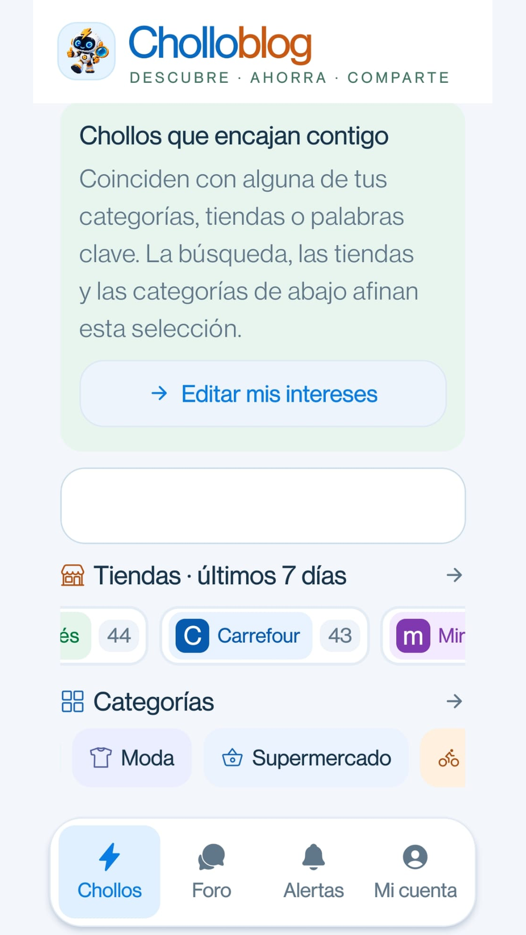 Sección Para ti de la app con filtros por tiendas y categorías.