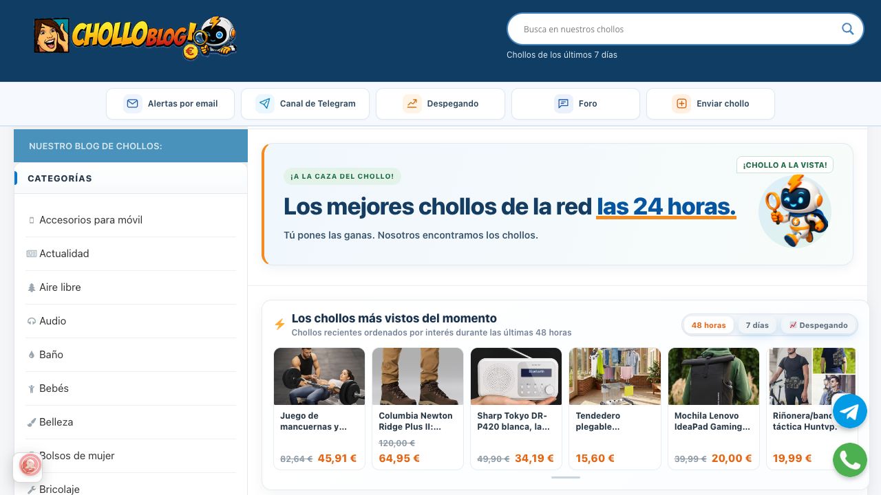 Captura de la portada de Cholloblog y su ranking de chollos más vistos. Los precios son un ejemplo de la fecha de captura.