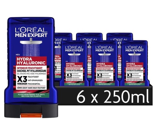 L'Oréal Men Expert Hyaluron Gel de Ducha y Champú para Hombres Baño de Ducha para Limpieza del Cuerpo, Cabello y Cara Hombre Cuidado Personal para Hidratación con Ácido Hialurónico Hydra Hialurónico 6